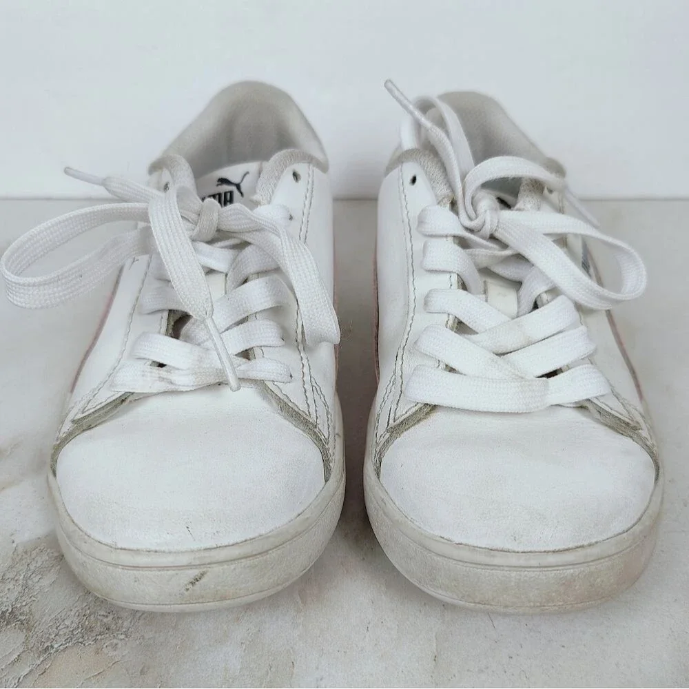 Puma Girls' Kids' Smash V2 L White Pink Low Sneakers Tennis Shoes, Sz 3C